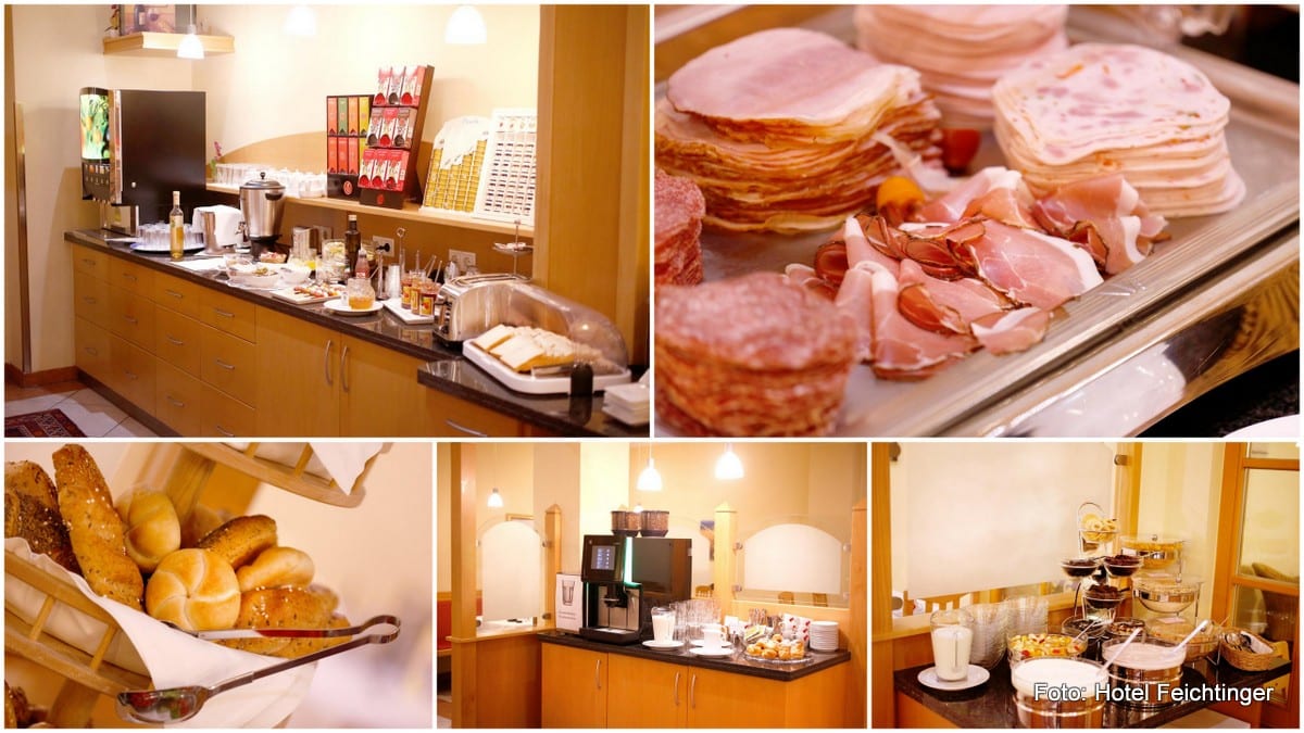 Hotel Feichtinger Graz Frühstücksbuffet Buffetfrühstück im Hotel Feichtinger mit Kaffee, Wurst und Schinken, Gebäck