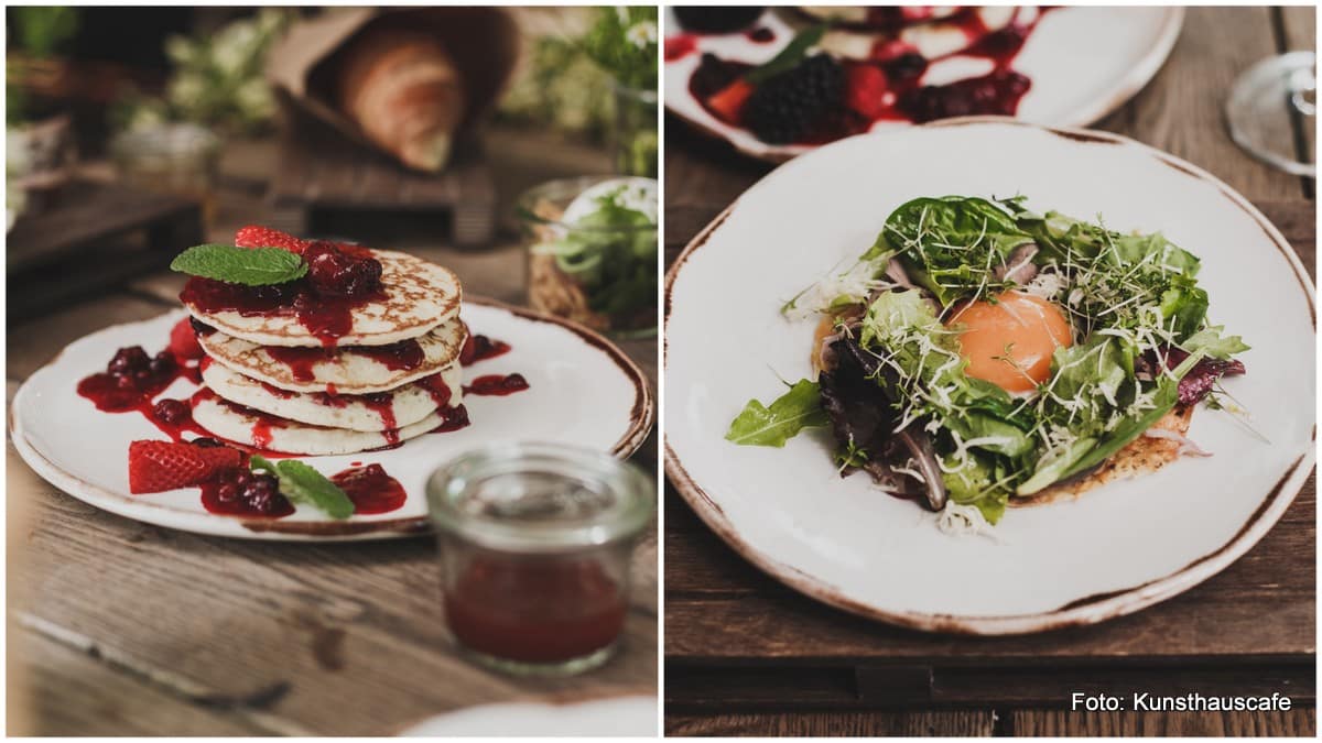 Kunsthauscafe Graz Moderne Frühstückskombinationen und Klassiker im Grazer Kunsthauscafe (Pancakes und pochiertes Ei mit Salat)