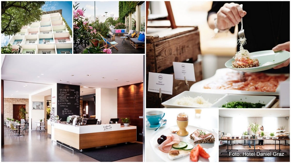 Hotel Daniel Graz Frühstück im Grazer Hotel Daniel: Frühstücksbuffet, Außenansicht des Hotels, die Terrasse und ein Frühstücksteller